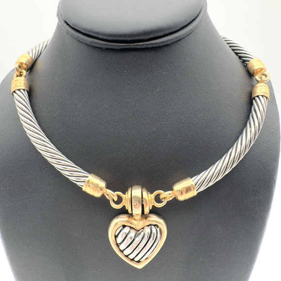 Stocko Heart Pendant Necklace Snap Clasp Two Tone Twisted Cable Choker 15" - Picture 2 of 7